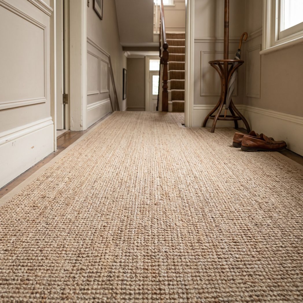 A high-end, well-maintained natural jute carpet fitted along the hallway of an elegant West London townhouse